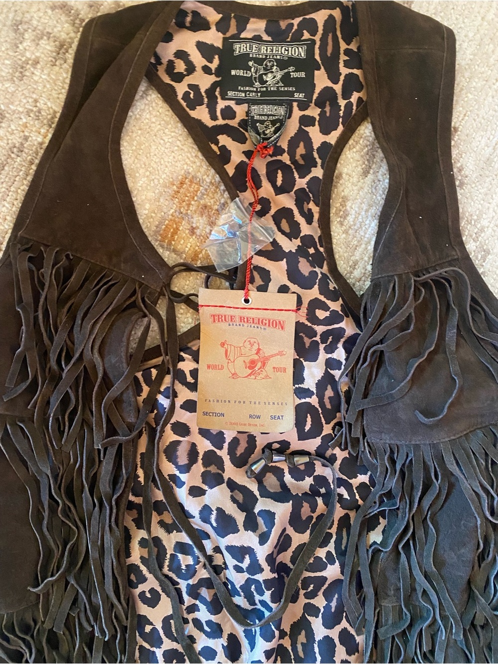 True Religion Dark Brown l genuine leather Fringe Vest with Leopard Lining - Picture 2 of 3